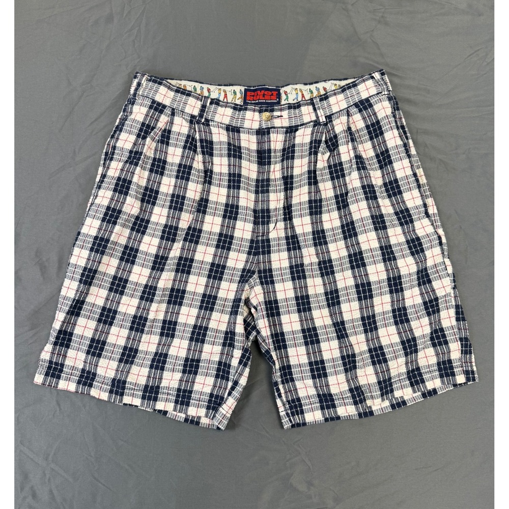 Vtg Pivot Rules Mens Plaid Golf Shorts Navy White Red Pleated Seersucker Size 36